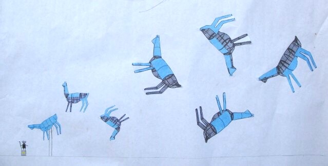 Boceto de Caravana, camélidos saltando sobre postes junto a una figura humana rupestre
