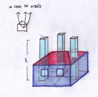 Boceto de La Casa de Atrás, con las tres torres luminosas sobre la casa