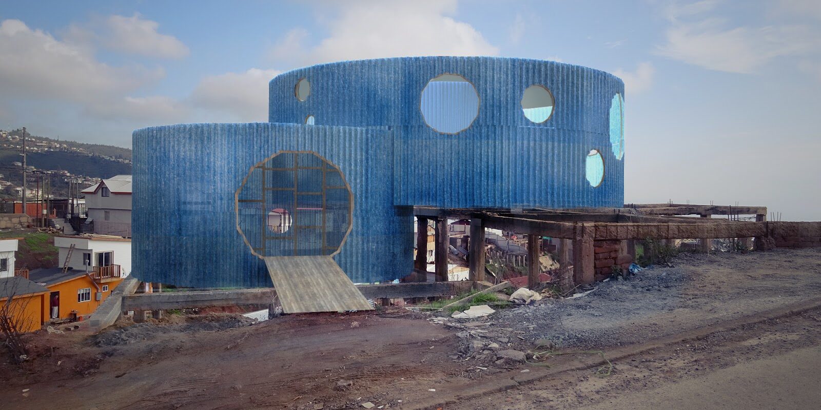 Fotomontaje de Sortes Vergilianae, dos volúmenes circulares azules superpuestos sobre la ruina del incendio de 2014, Cerro El Vergel, Valparaíso