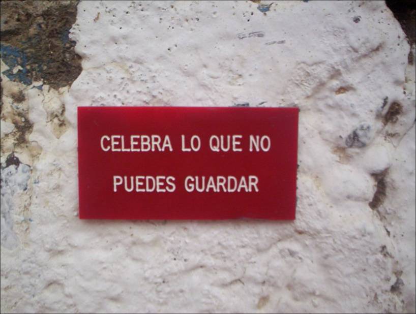 Placa roja con el texto «Celebra lo que no puedes guardar» sobre un muro blanco