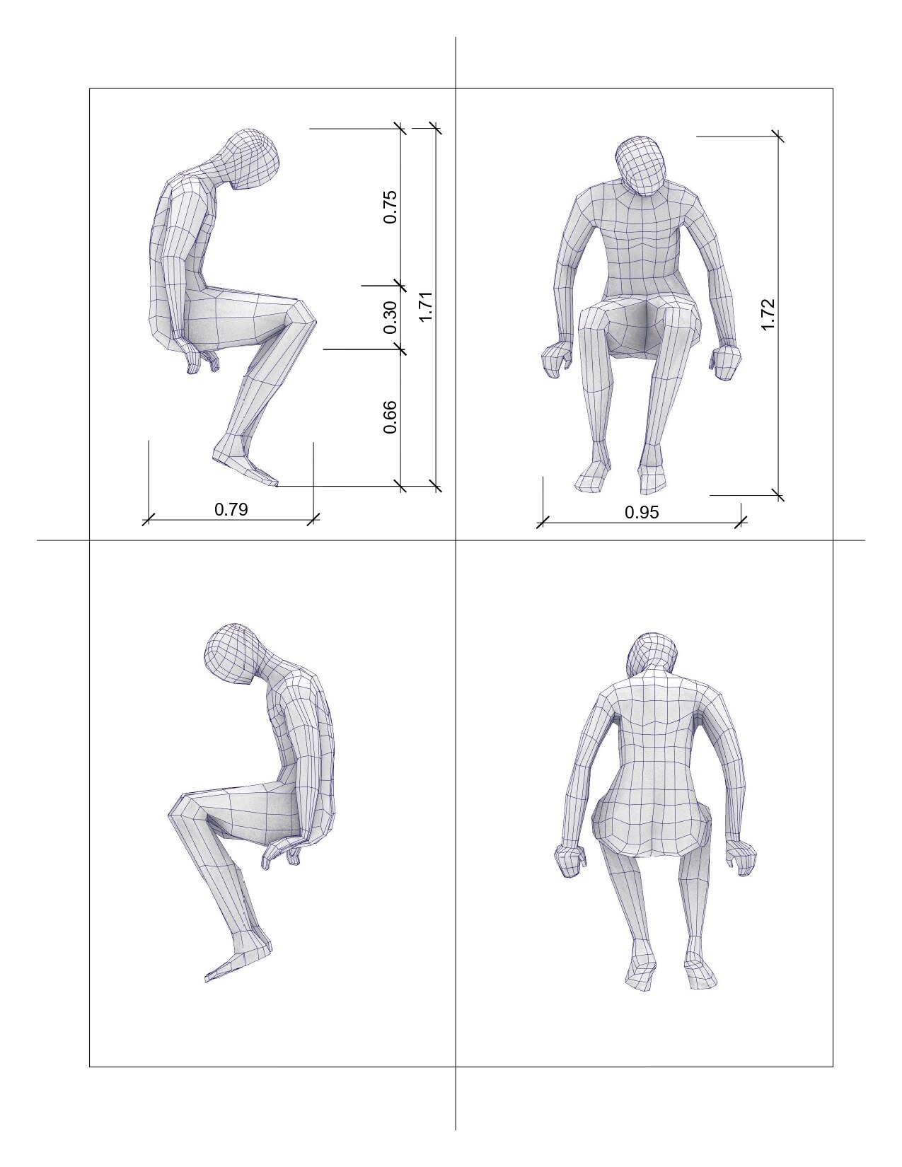 Planos de dimensionamiento de la figura de El Nadador Nº 5, vistas lateral, frontal, posterior y en tres cuartos