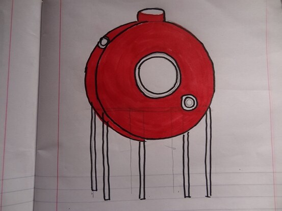 Boceto a mano de El Jardín de las Delicias, estructura circular roja sobre pilotes
