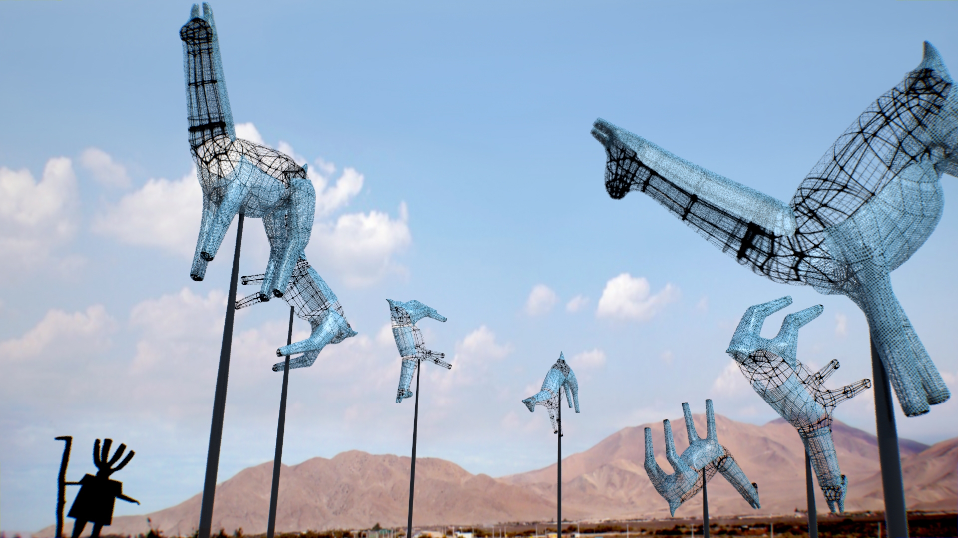 Visualización de Caravana, detalle de los camélidos en wireframe contra el cielo