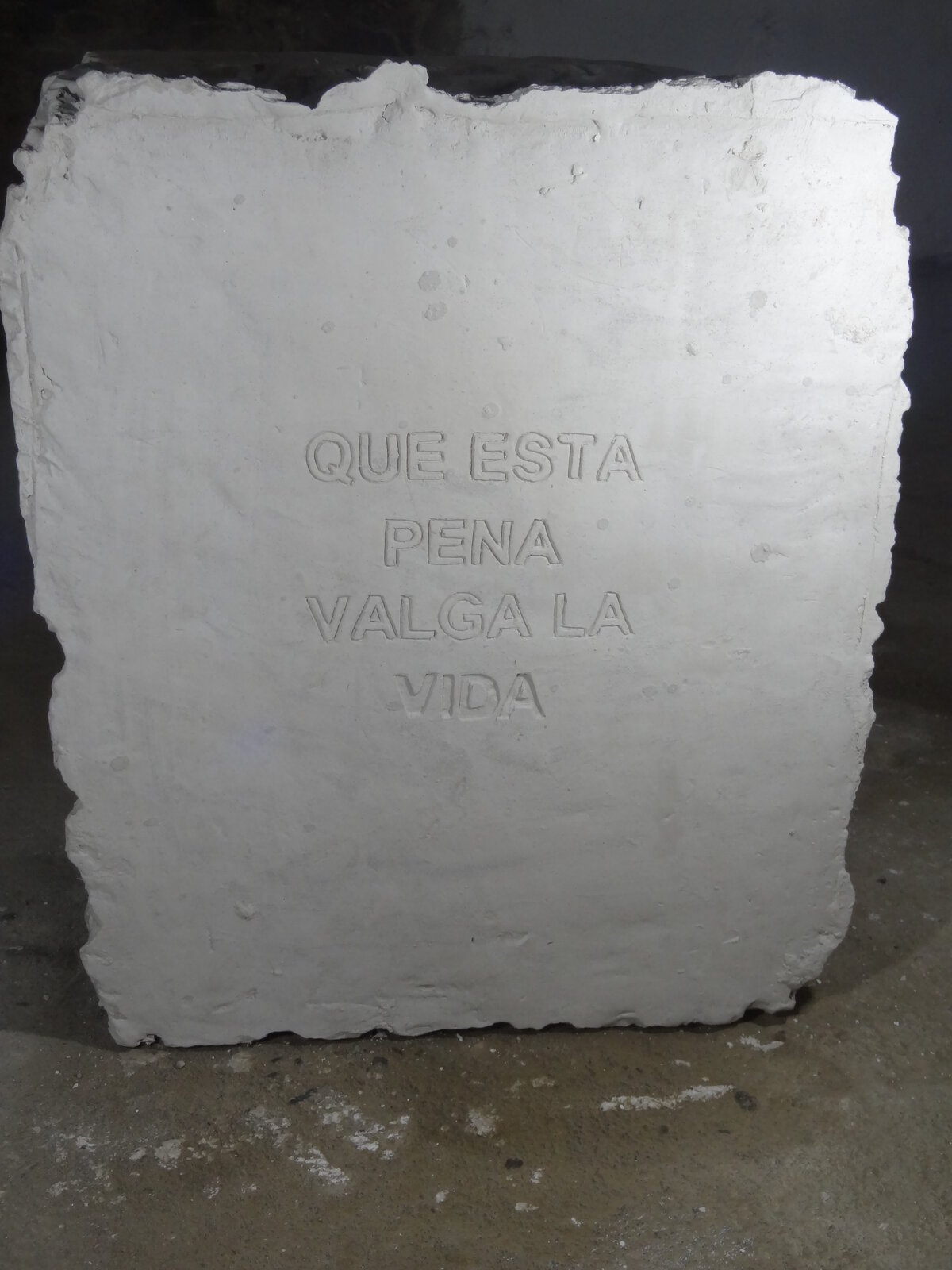 Bloque de yeso inscrito con el texto Que esta pena valga la vida