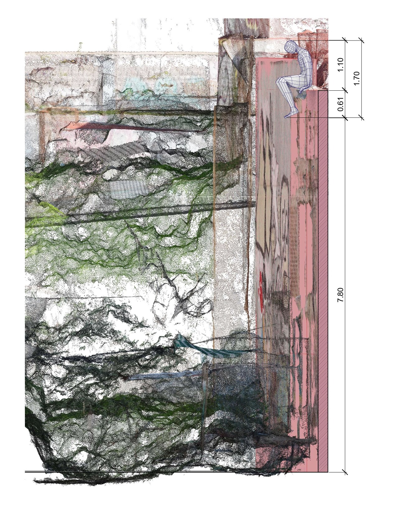 Corte del muro de 7,80 metros de altura sobre el levantamiento fotogramétrico, con la figura ubicada en su emplazamiento final